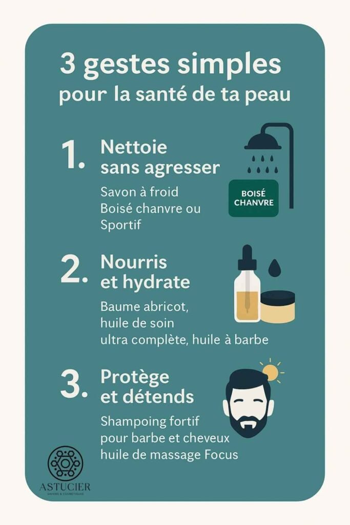 toujours inclure santé de la peau homme + une action (routine peau homme naturelle, hydratation après rasage, etc.).