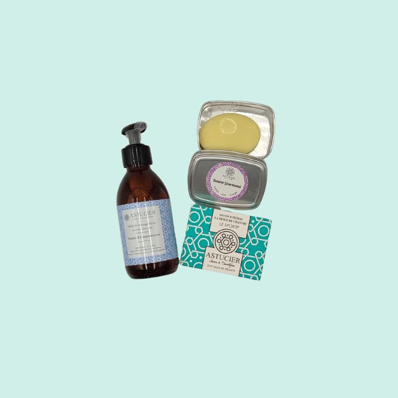 Coffret Sport Récupération – Savon, huile de massage menthe-romarin et baume zones sèches